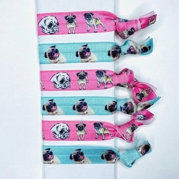 2/$10 Pink Blue Pug Puppy Hair Tie Elastics - Picture 1 of 5